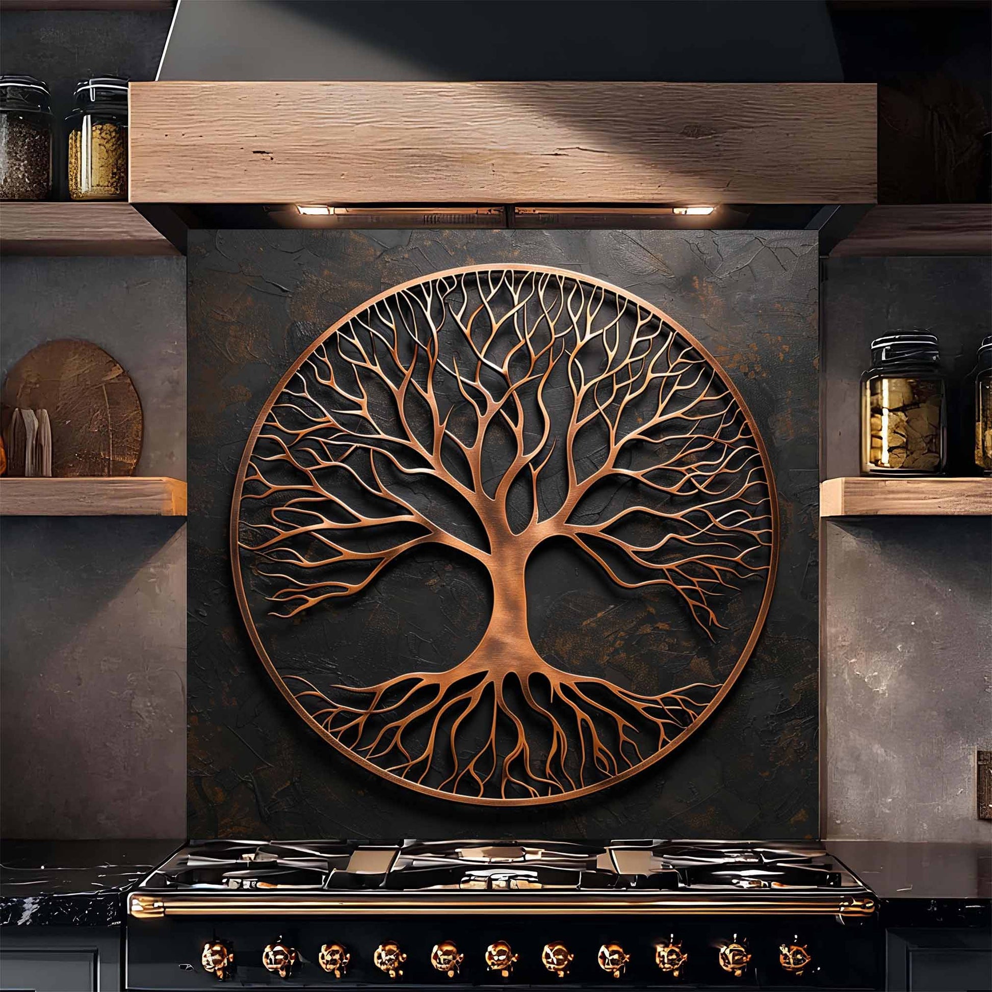 Decorative copper tree of life design on a kitchen backsplash with shelves and cooktop.