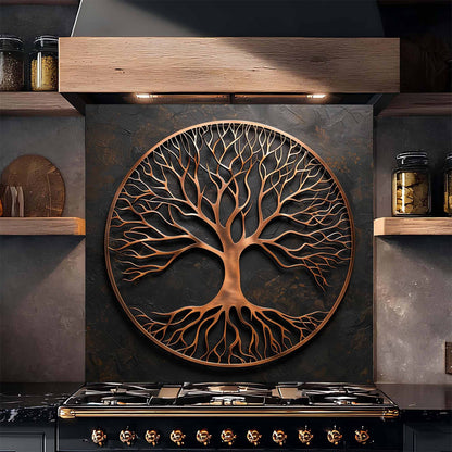 Decorative copper tree of life design on a kitchen backsplash with shelves and cooktop.