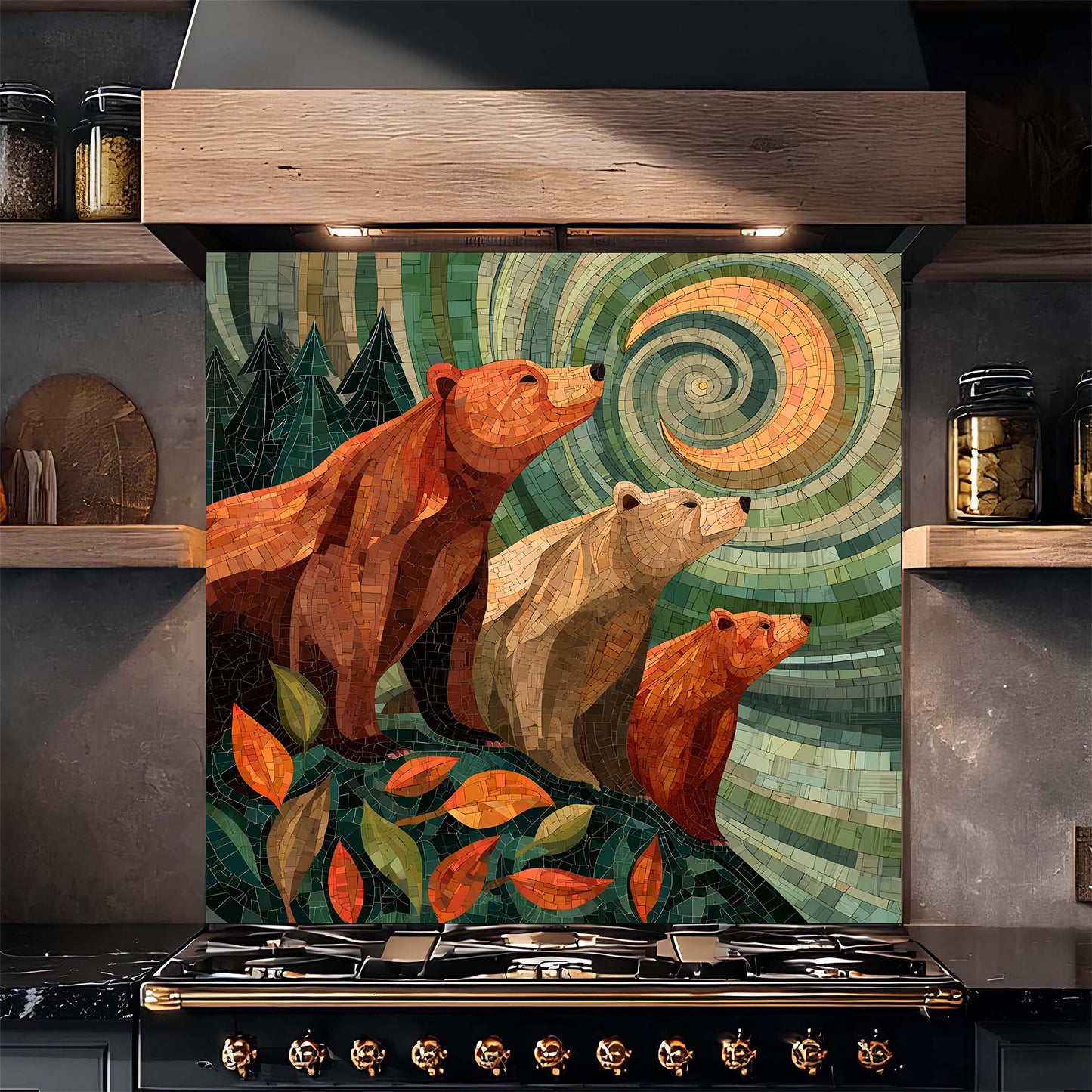 A symbolic bear family gazing at a spiral sky, printed on a tempered glass backsplash that adds warmth, meaning, and woodland calm to kitchens.