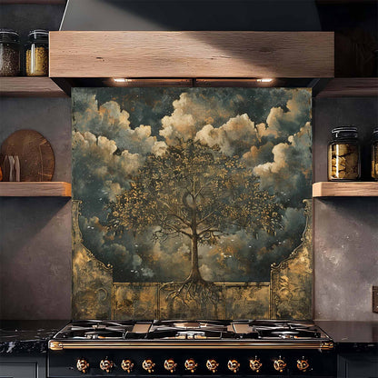 Decorative backsplash with tree and cloud design above a stove in a kitchen.
