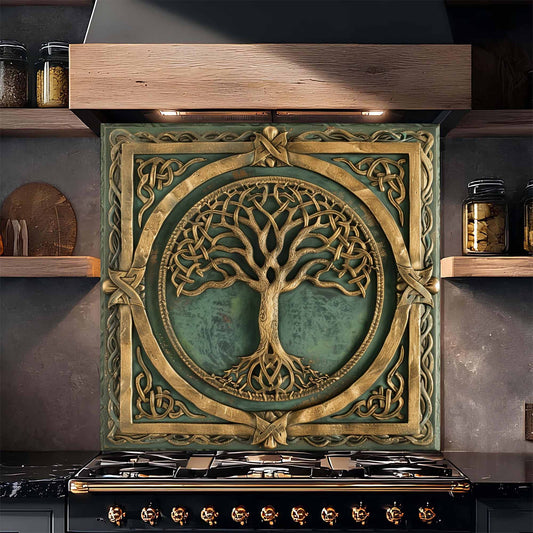 Decorative backsplash with tree design above a stove in a kitchen setting