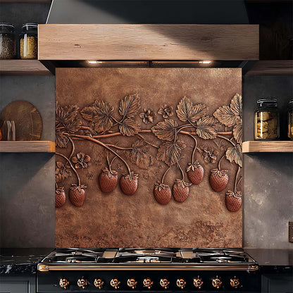 Decorative backsplash with strawberry design in a kitchen setting