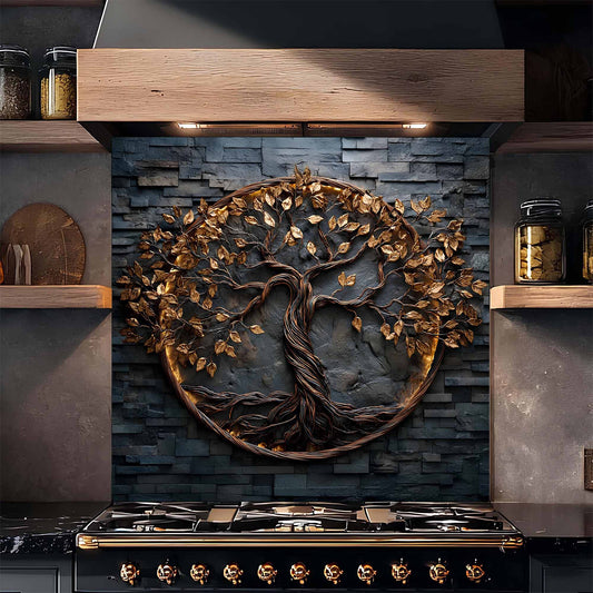 Decorative glass backsplash of a tree with leaves on a kitchen wall above a stove.