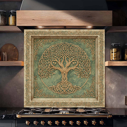 Decorative backsplash with Celtic tree of life design above a stove in a kitchen.