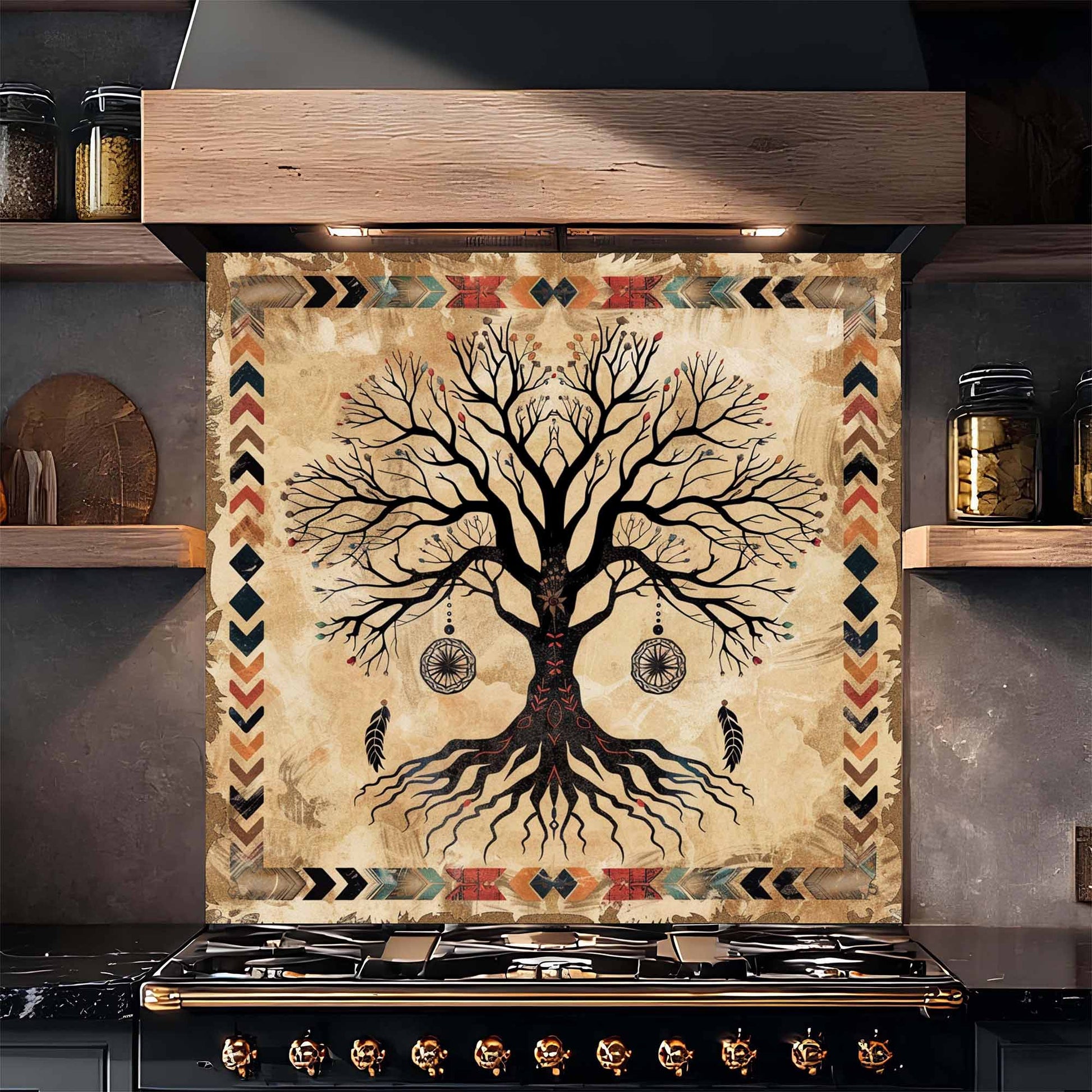 Decorative backsplash with a tree design above a stove in a kitchen setting.