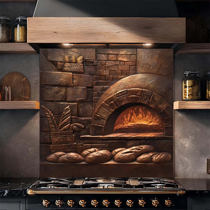 Kitchen backsplash with stone oven design, bread, and shelves.