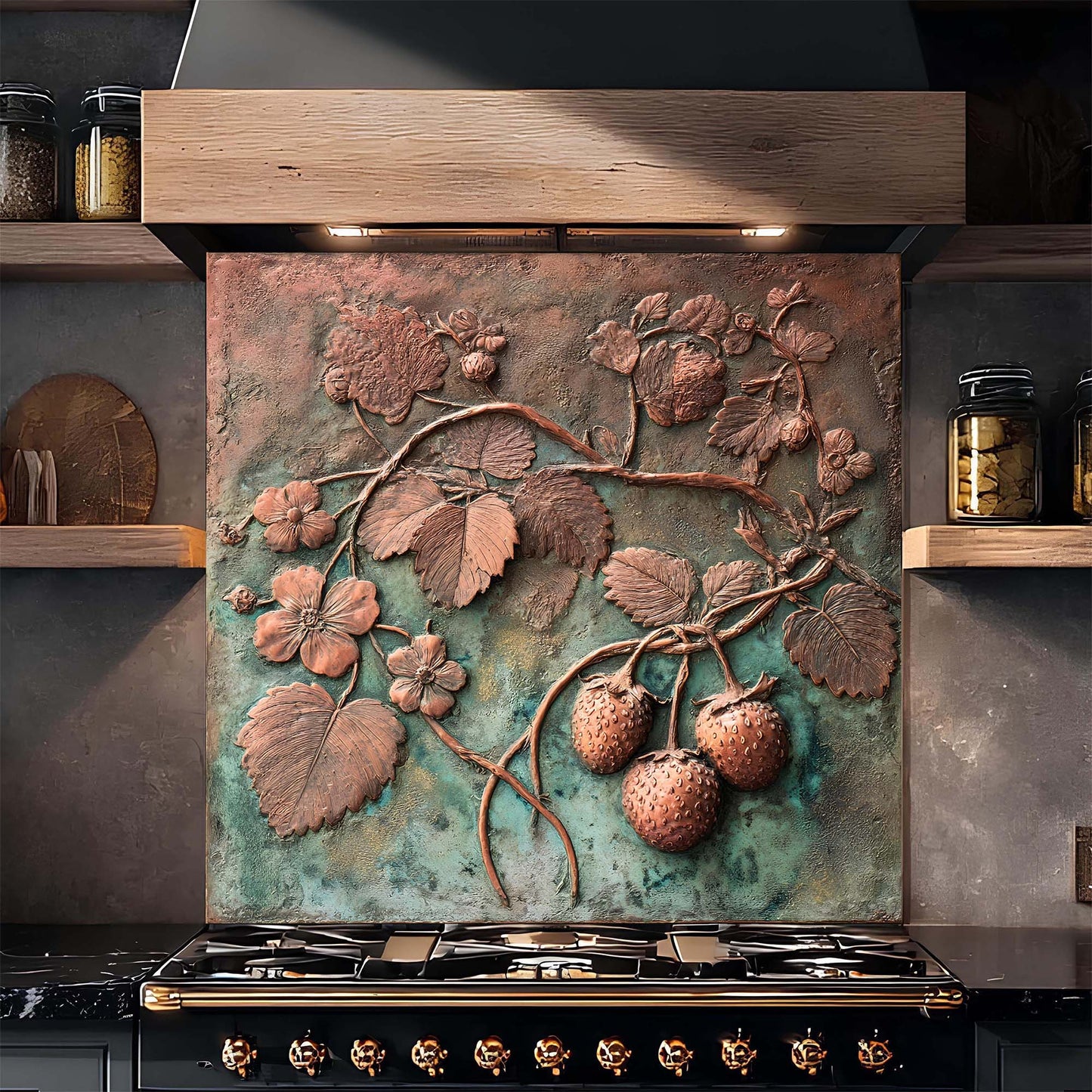 Decorative copper look glass backsplash with floral and berry design above a stove.