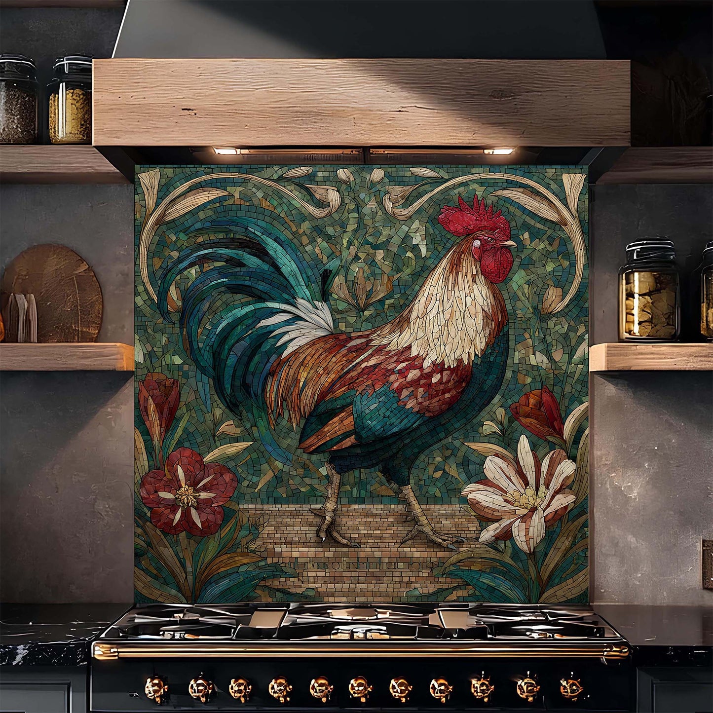 Decorative glass backsplash with a rooster design in a kitchen setting