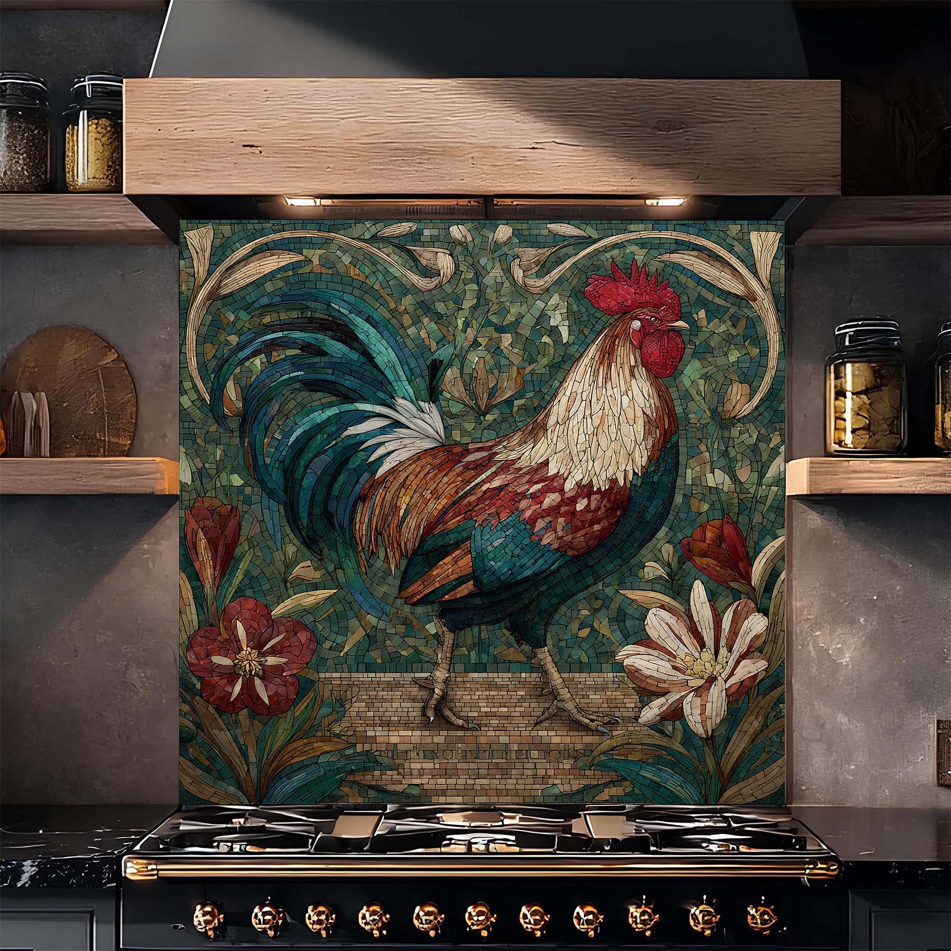 Decorative glass backsplash with a rooster design in a kitchen setting