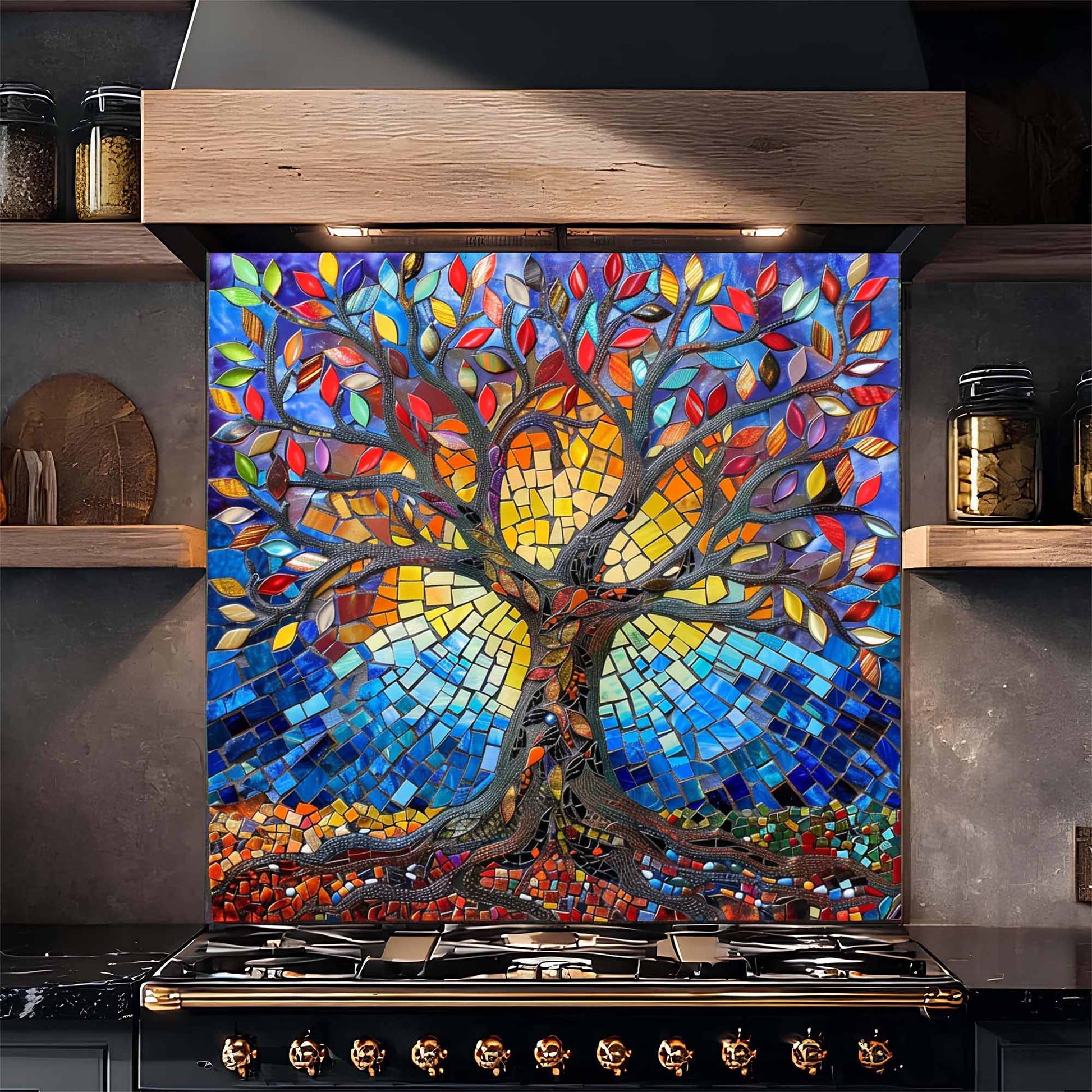 Colorful mosaic tree of life on a kitchen backsplash above a stove.