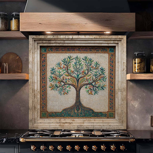 Decorative mosaic tree of life backsplash above a stove in a kitchen setting