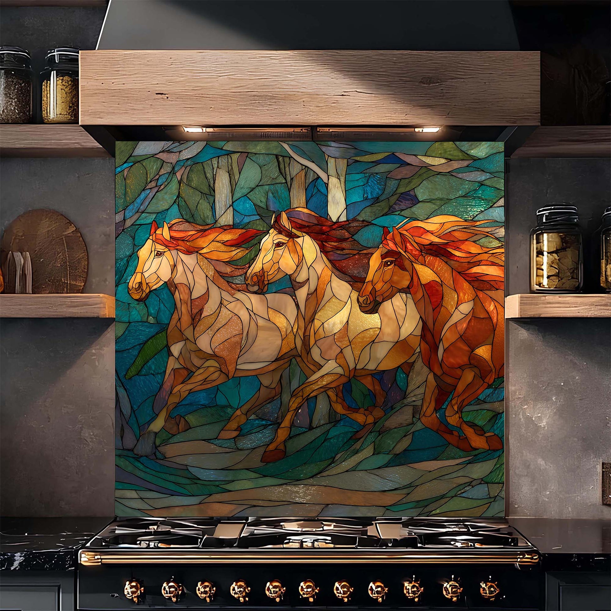 Three running horses in a stained glass forest design on tempered glass backsplash, creating a bold, elegant kitchen focal point.
