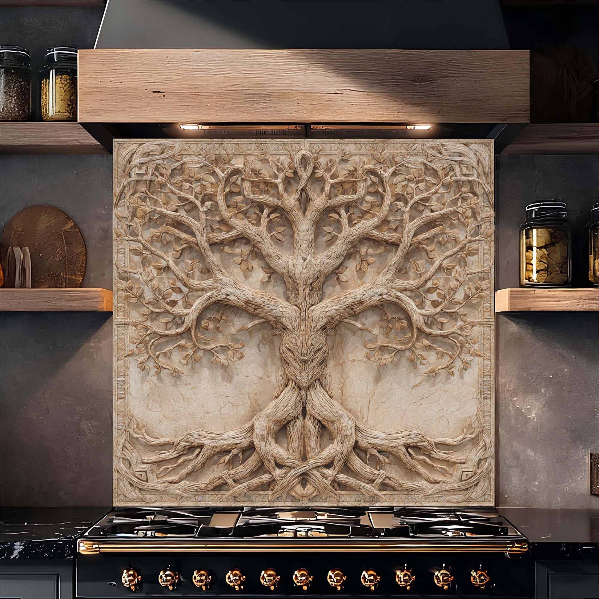 Decorative backsplash with tree design above a stove in a kitchen setting.