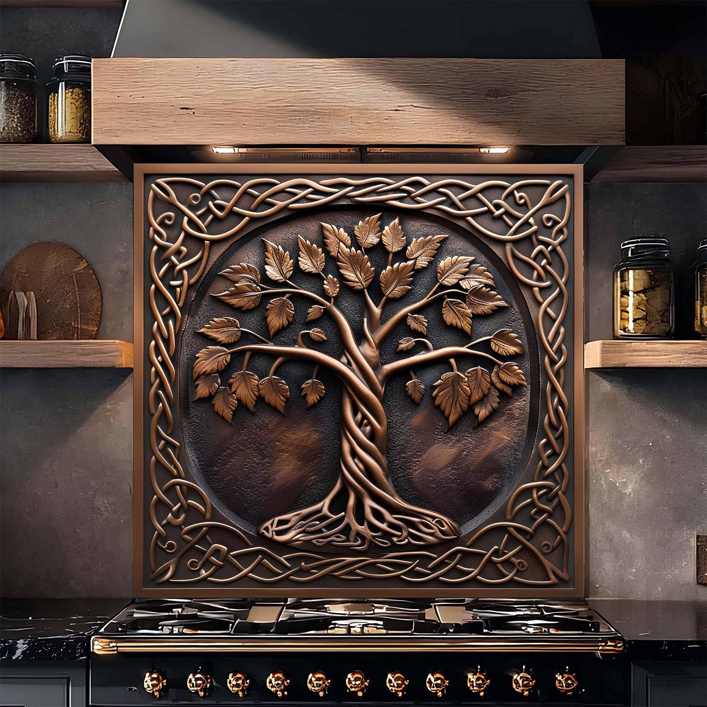 Decorative glass backsplash with tree design above a stove in a kitchen setting