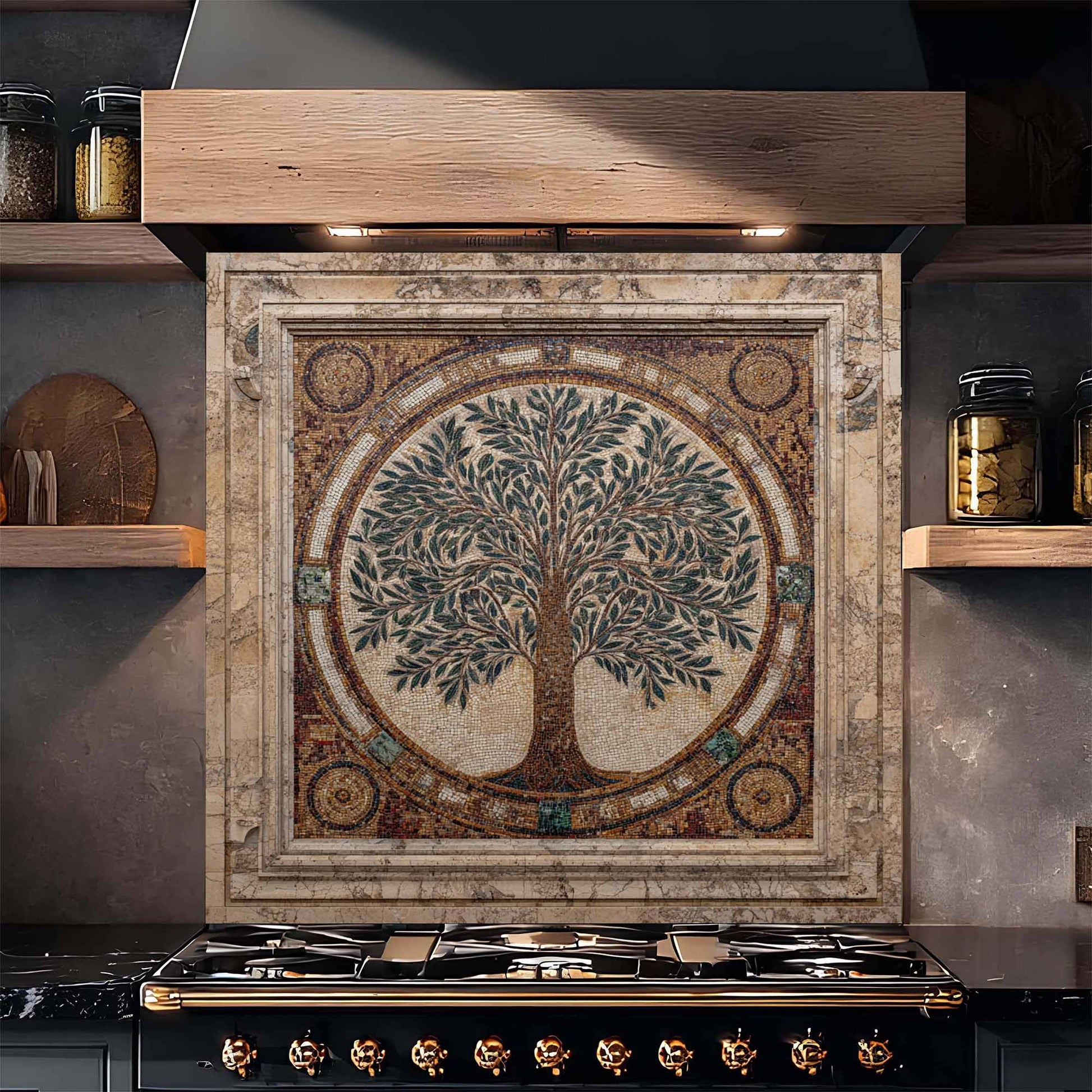 Decorative backsplash with tree design above a stove in a kitchen setting