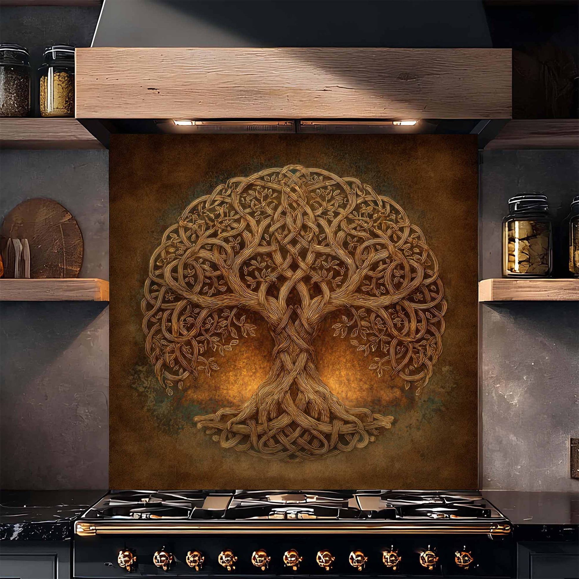 Decorative backsplash with Celtic knot tree design above a stove in a kitchen.