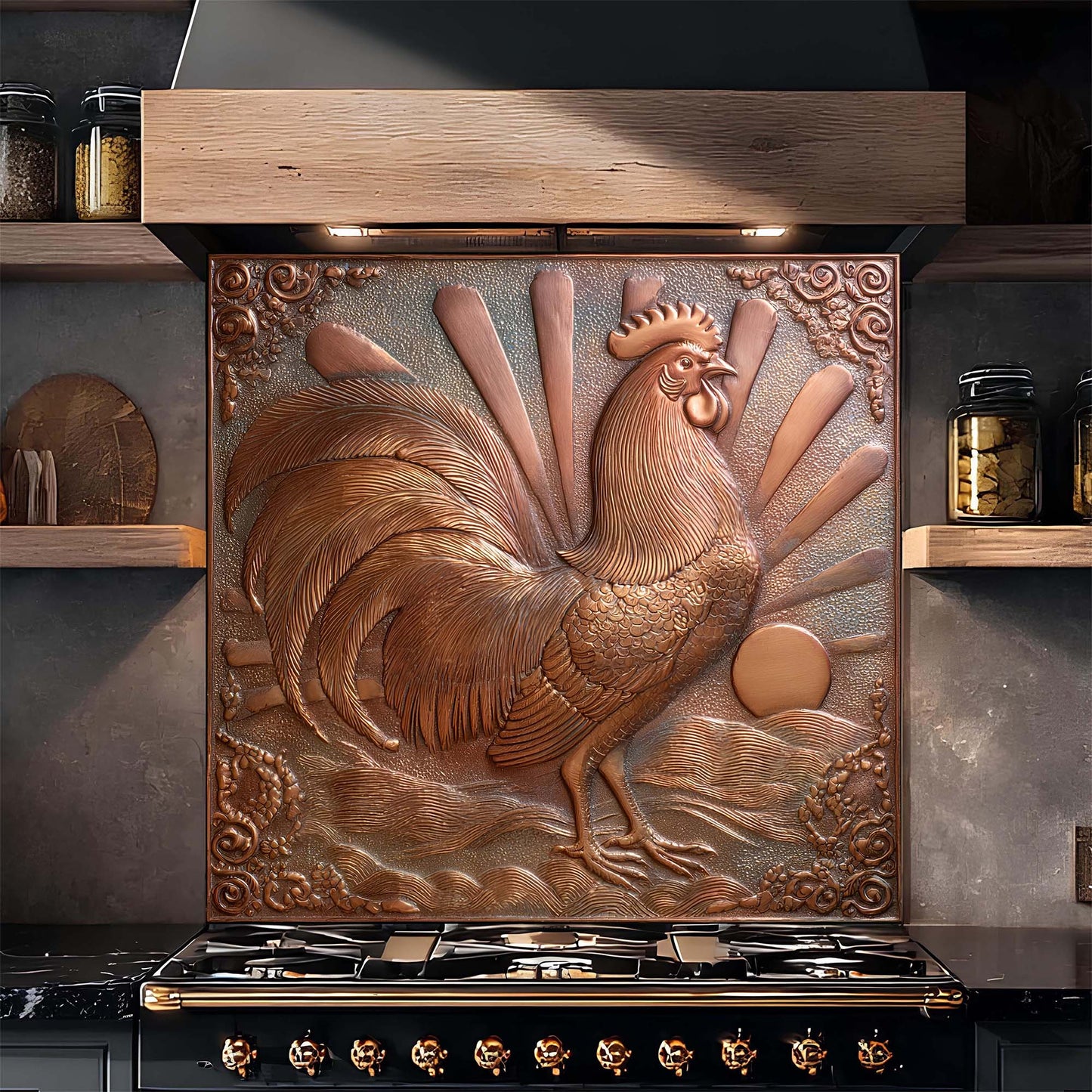 Decorative copper rooster design on a kitchen backsplash above a stove.