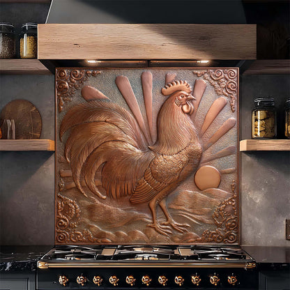 Decorative copper rooster design on a kitchen backsplash above a stove.
