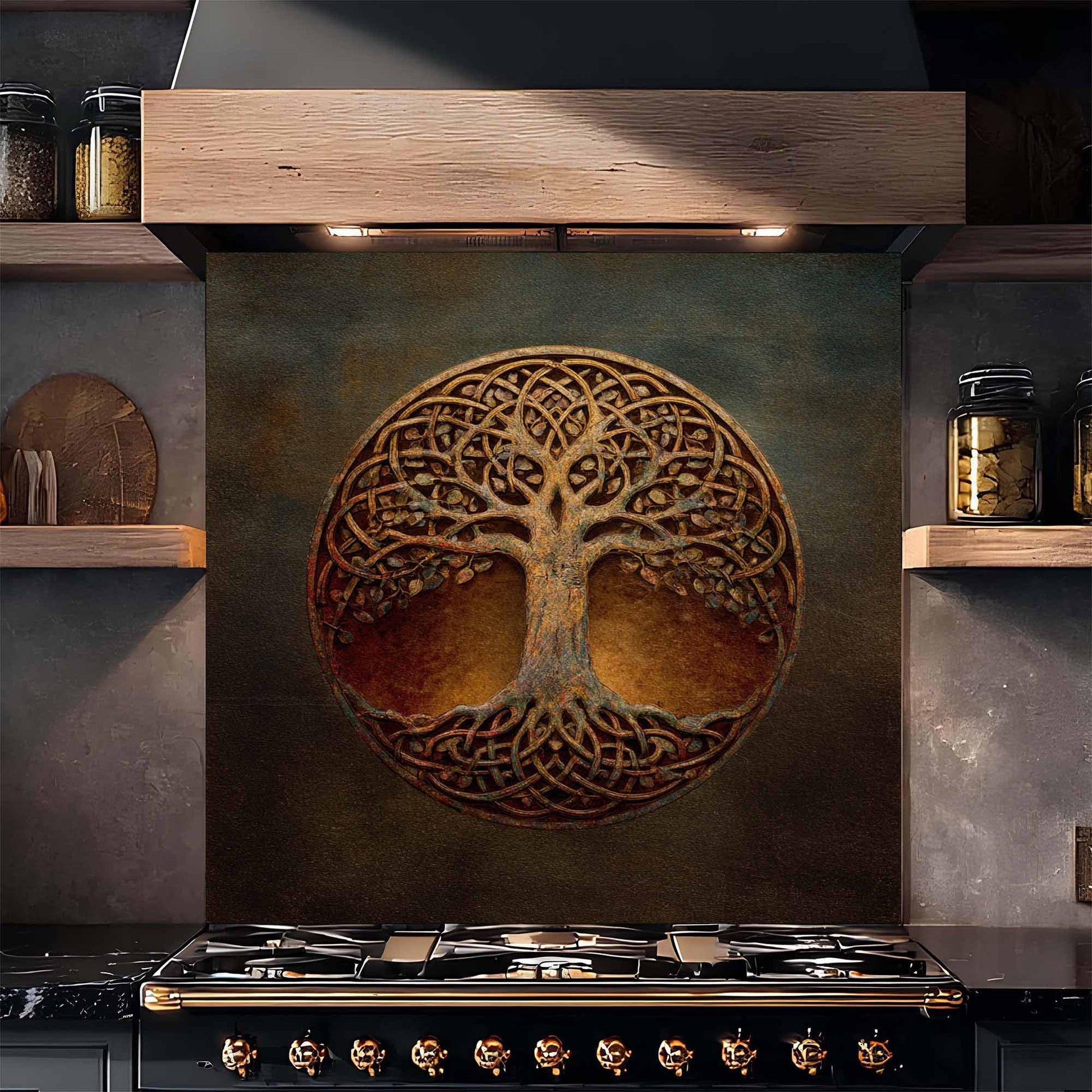 Decorative backsplash with tree of life design above a stove in a kitchen setting.