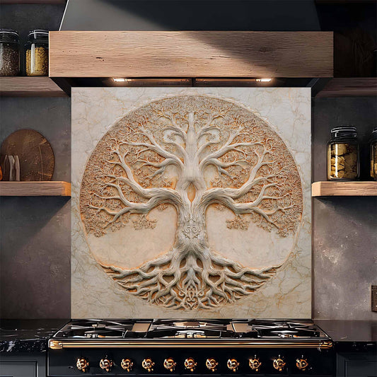 Decorative backsplash with tree design above a stove in a kitchen setting