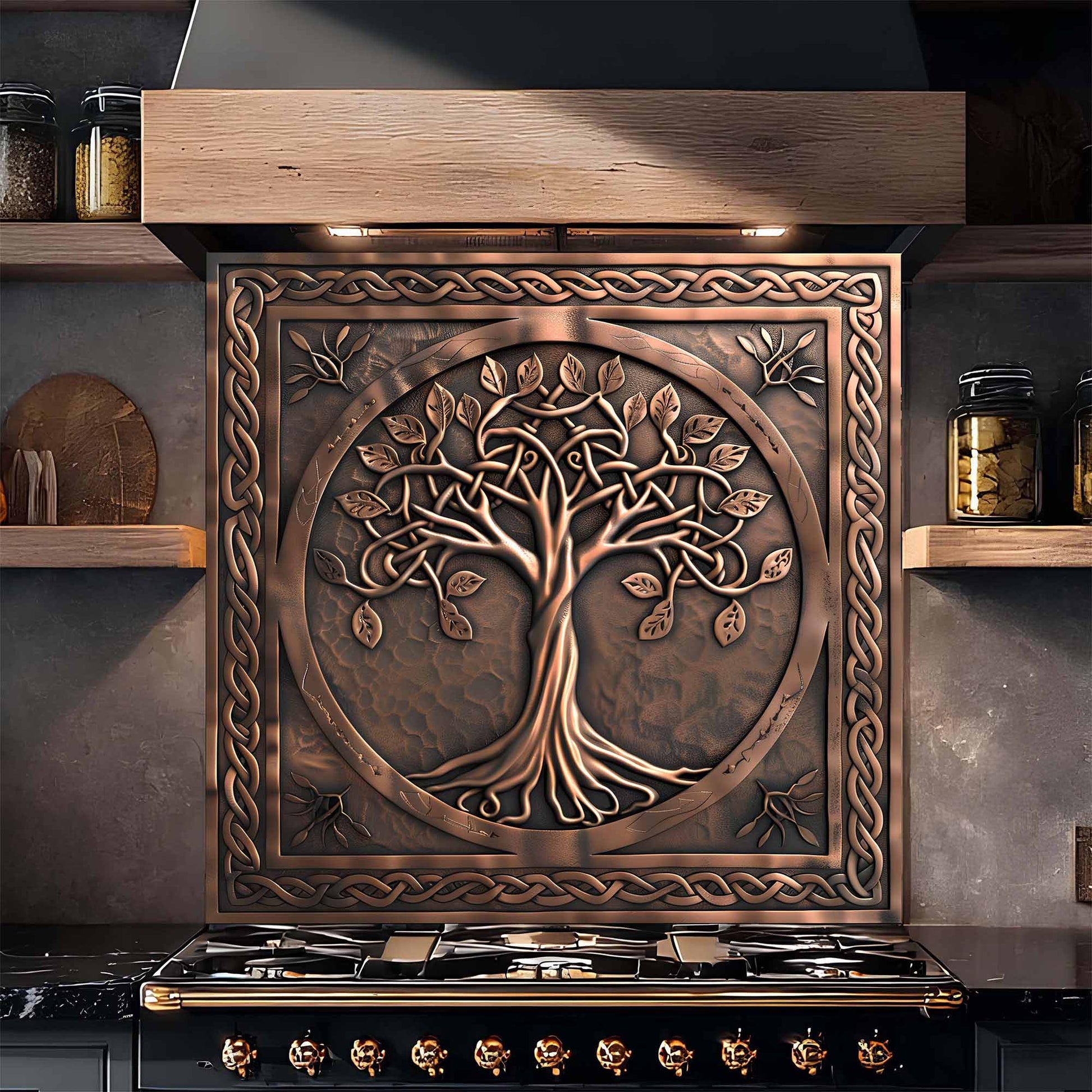Decorative copper tree of life design on a tempered glass kitchen backsplash.