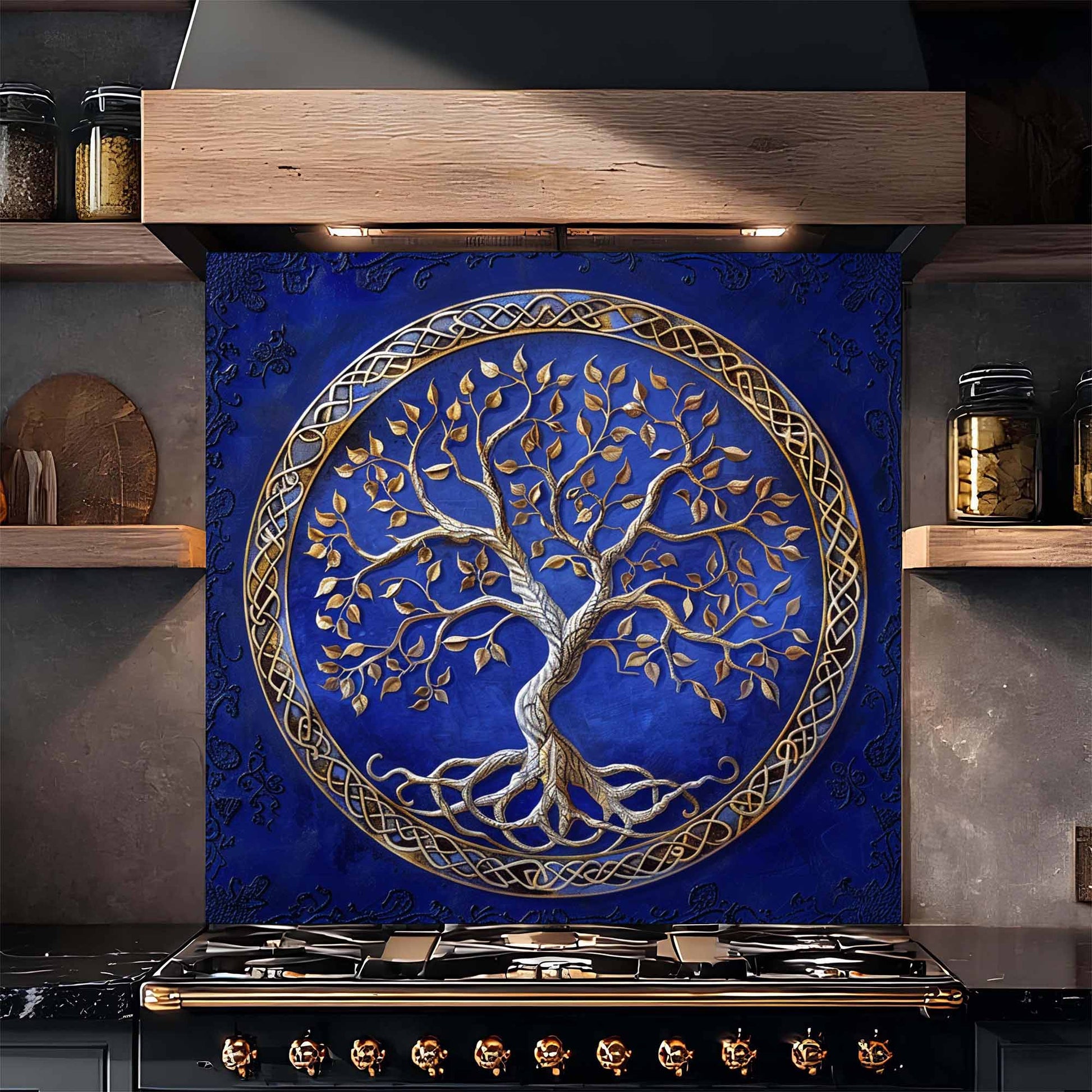 Kitchen backsplash for stove with tree design above a stove in a kitchen setting