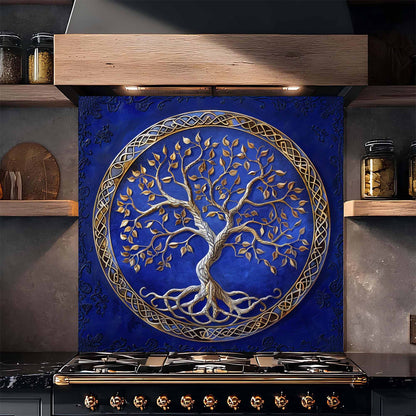 Kitchen backsplash for stove with tree design above a stove in a kitchen setting