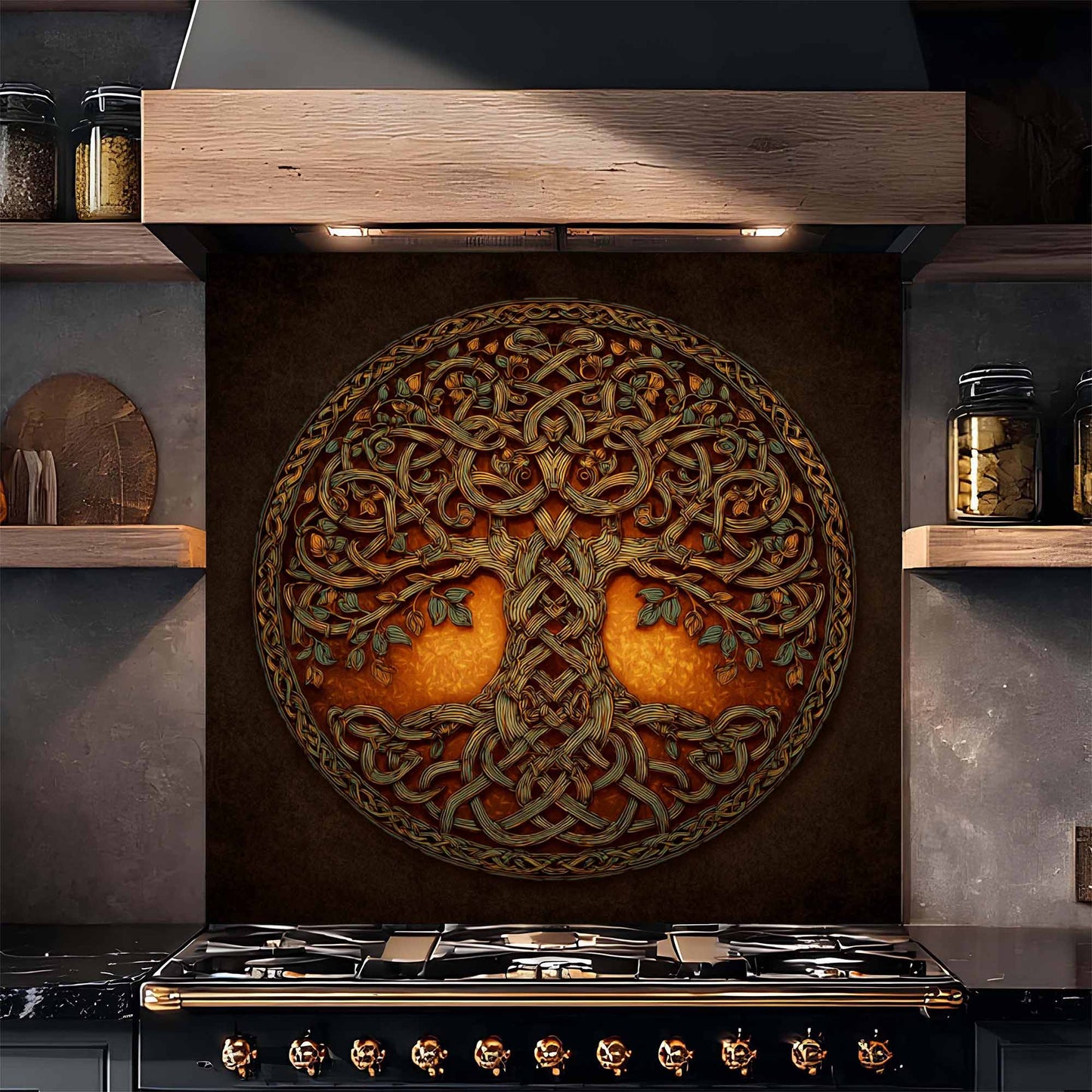 Decorative backsplash of a tree with interwoven patterns above a kitchen stove.