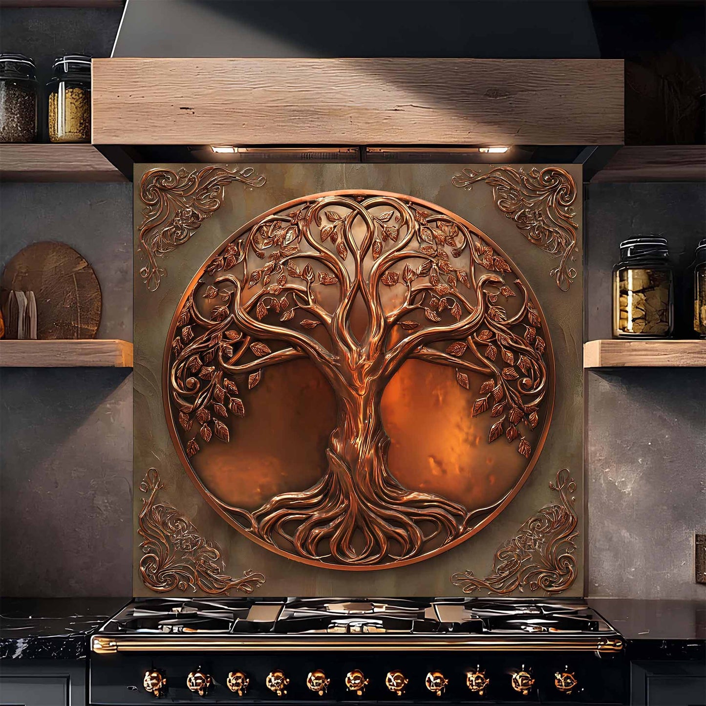 Tempered glass backsplash with tree design above a stove in a kitchen setting