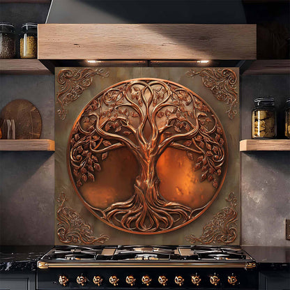 Tempered glass backsplash with tree design above a stove in a kitchen setting