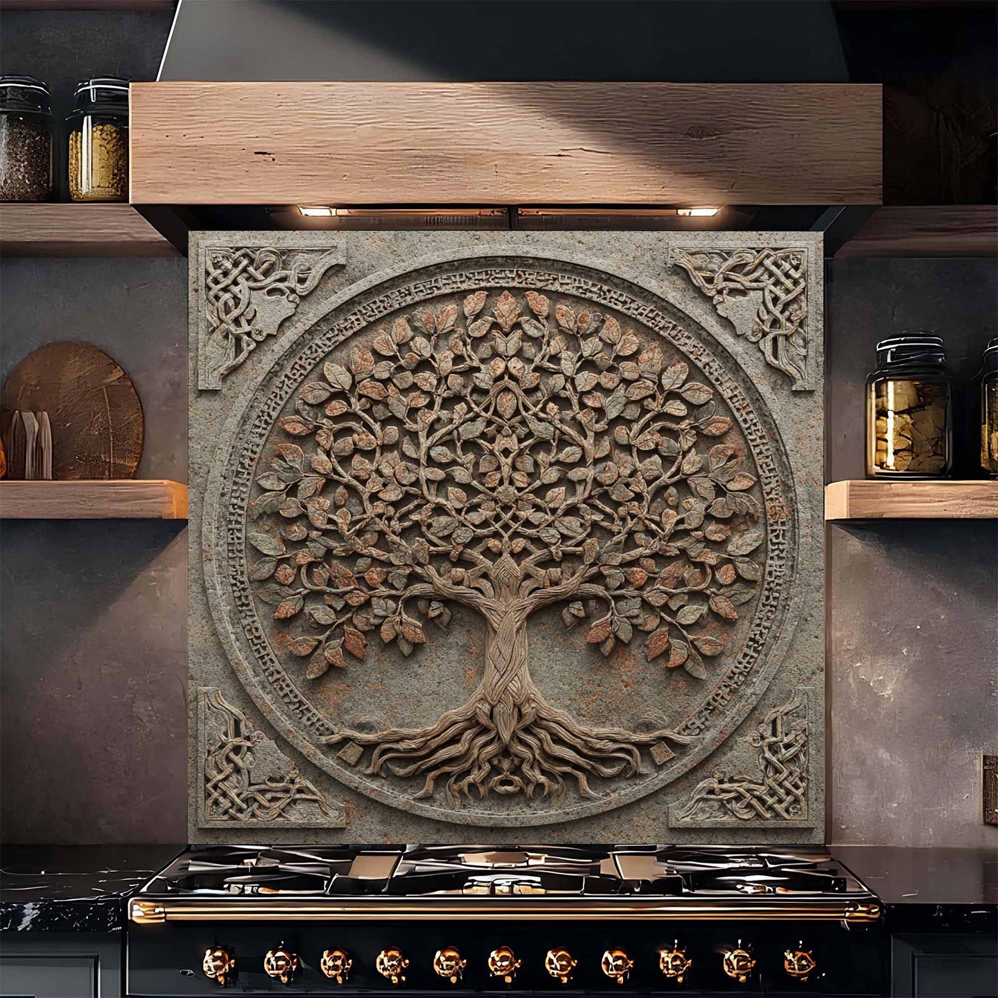 Decorative glass backsplash with tree design above a stove in a kitchen setting.