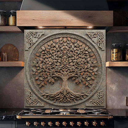 Decorative glass backsplash with tree design above a stove in a kitchen setting.