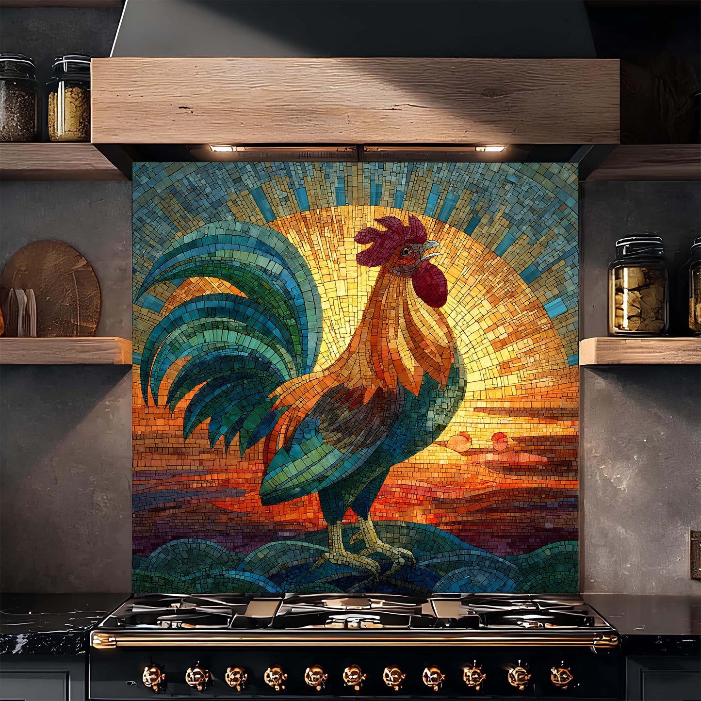 Colorful mosaic glass backsplash of a rooster on a kitchen wall above a stove.