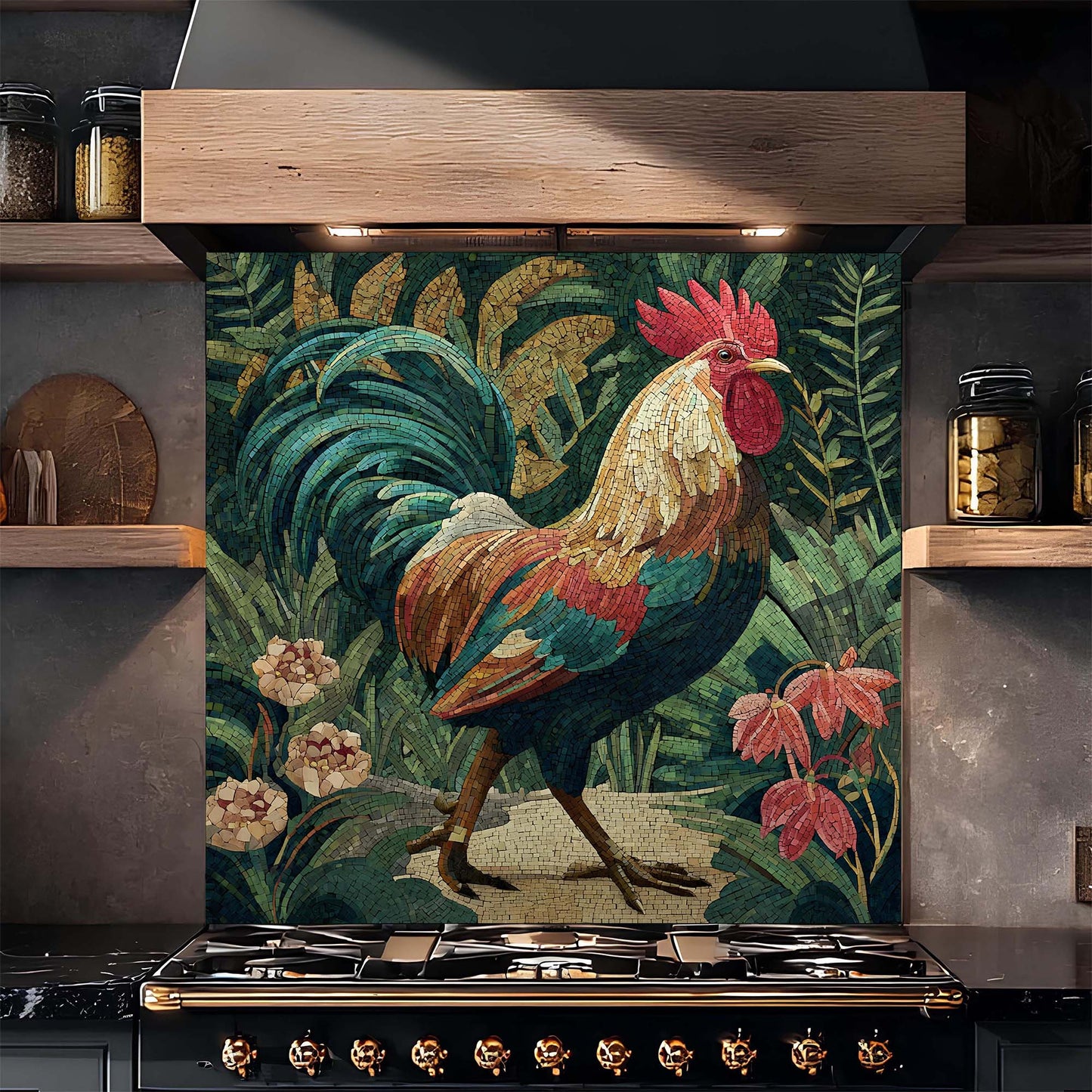 Decorative glass backsplash with a rooster design in a kitchen setting