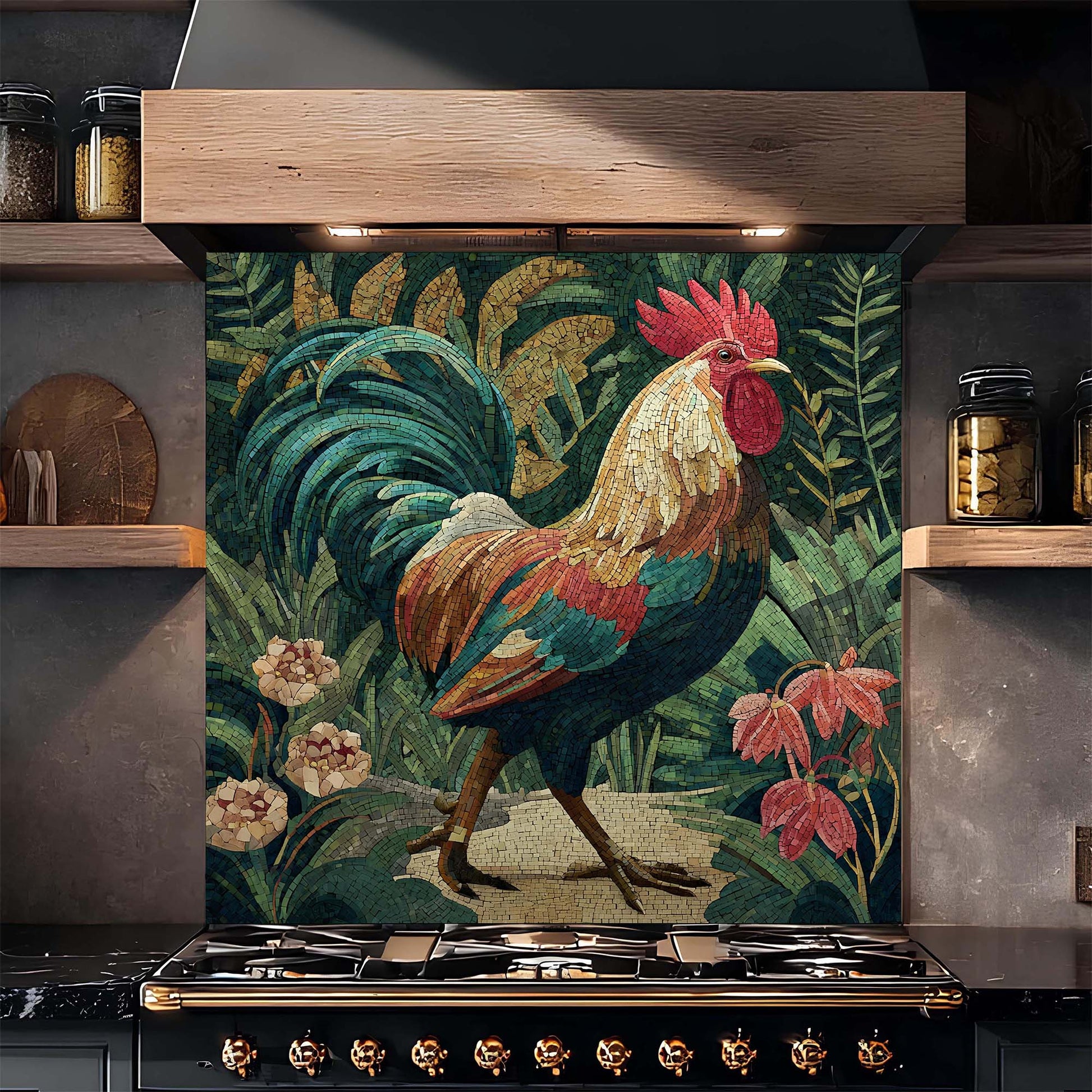Decorative glass backsplash with a rooster design in a kitchen setting