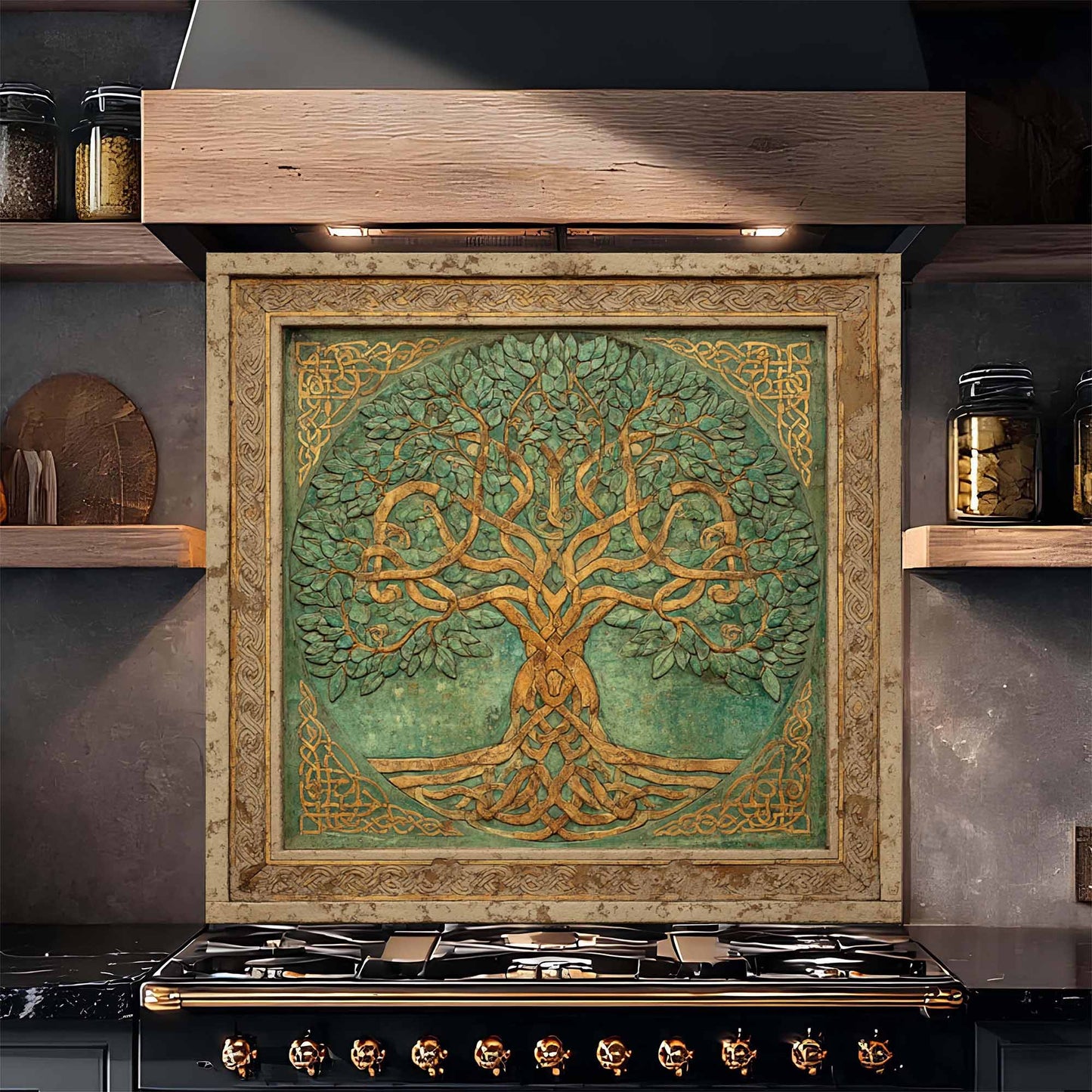 Decorative backsplash of a tree with roots and branches above a stove in a kitchen.