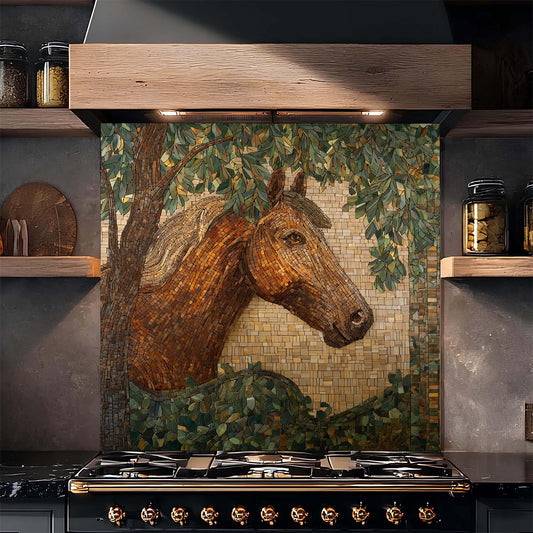 Elegant horse portrait in mosaic woodland style on tempered glass backsplash, bringing warmth, calm, and nature-inspired beauty to kitchens.