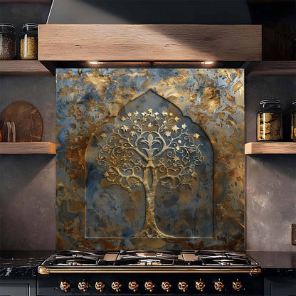 Decorative backsplash with tree design in a kitchen setting