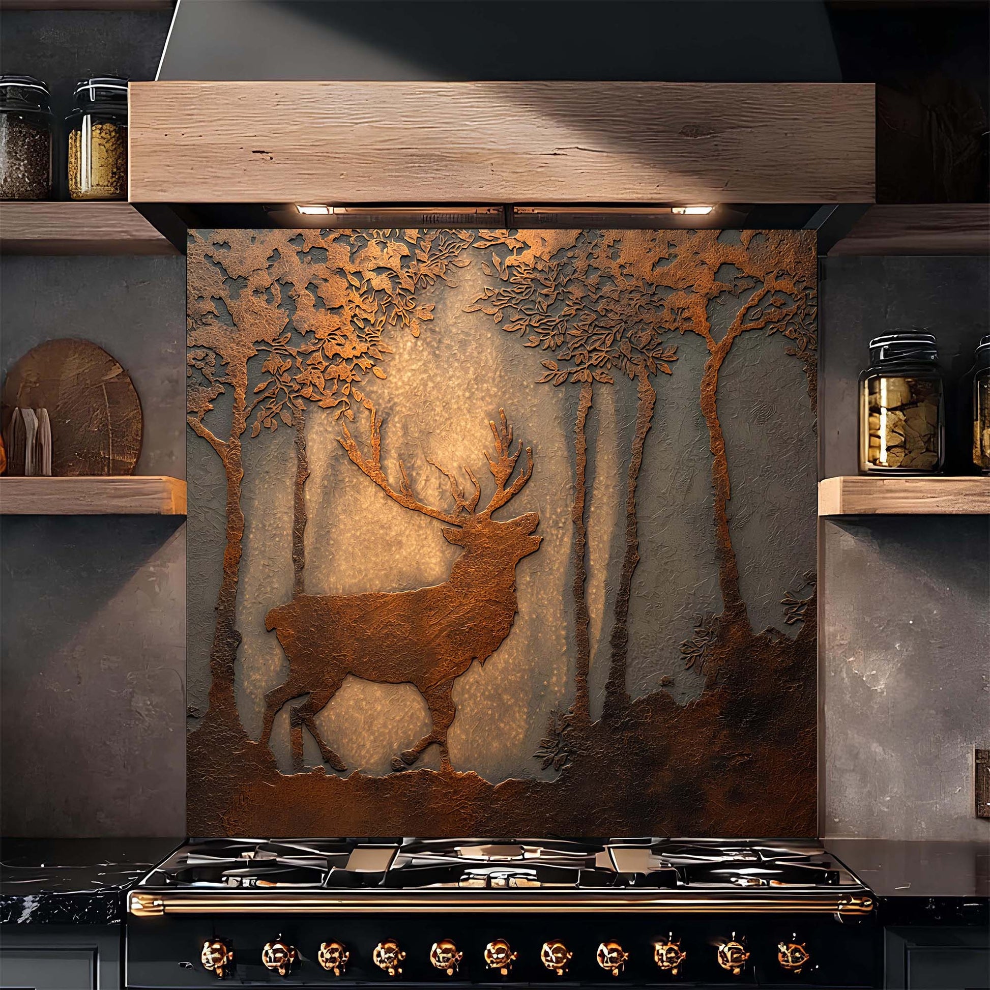 Decorative glass backsplash with a deer design in a kitchen setting