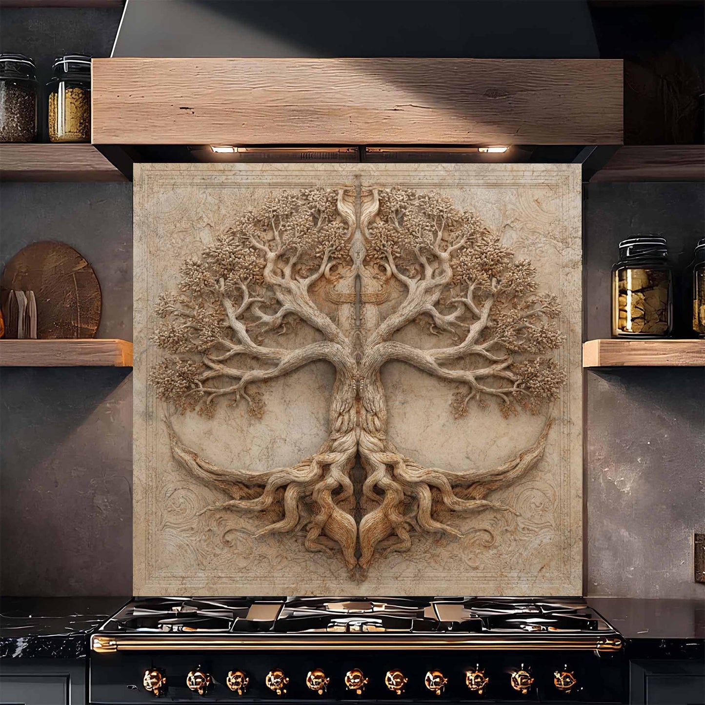 Decorative backsplash of a tree with roots above a stove in a kitchen setting.