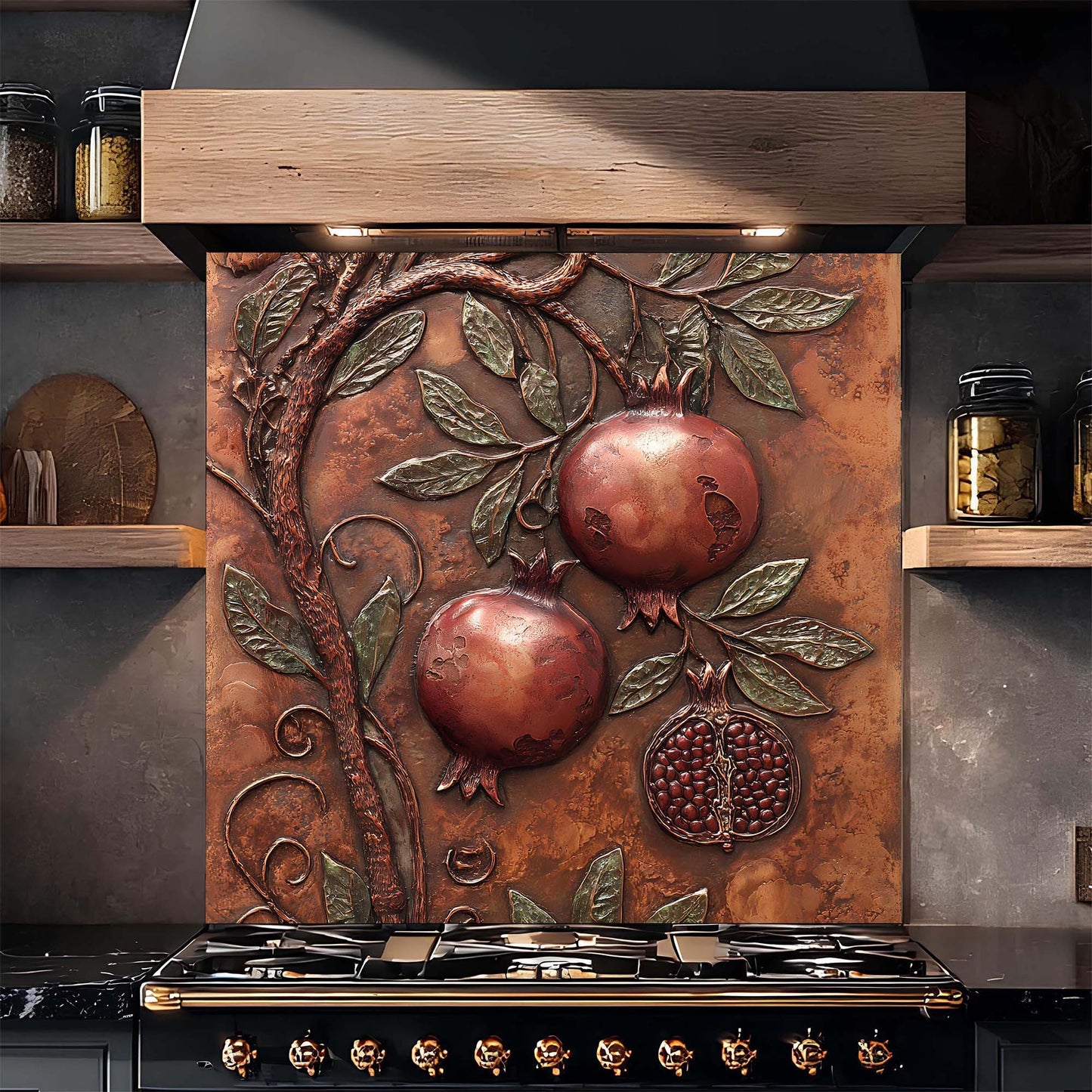 Decorative backsplash with pomegranate design above a stove in a kitchen setting.