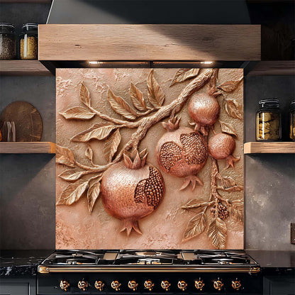 Decorative backsplash with pomegranate design above a stove