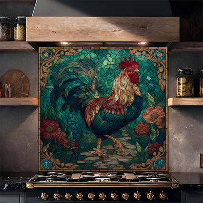 Decorative glass backsplash with a rooster design above a stove in a kitchen setting