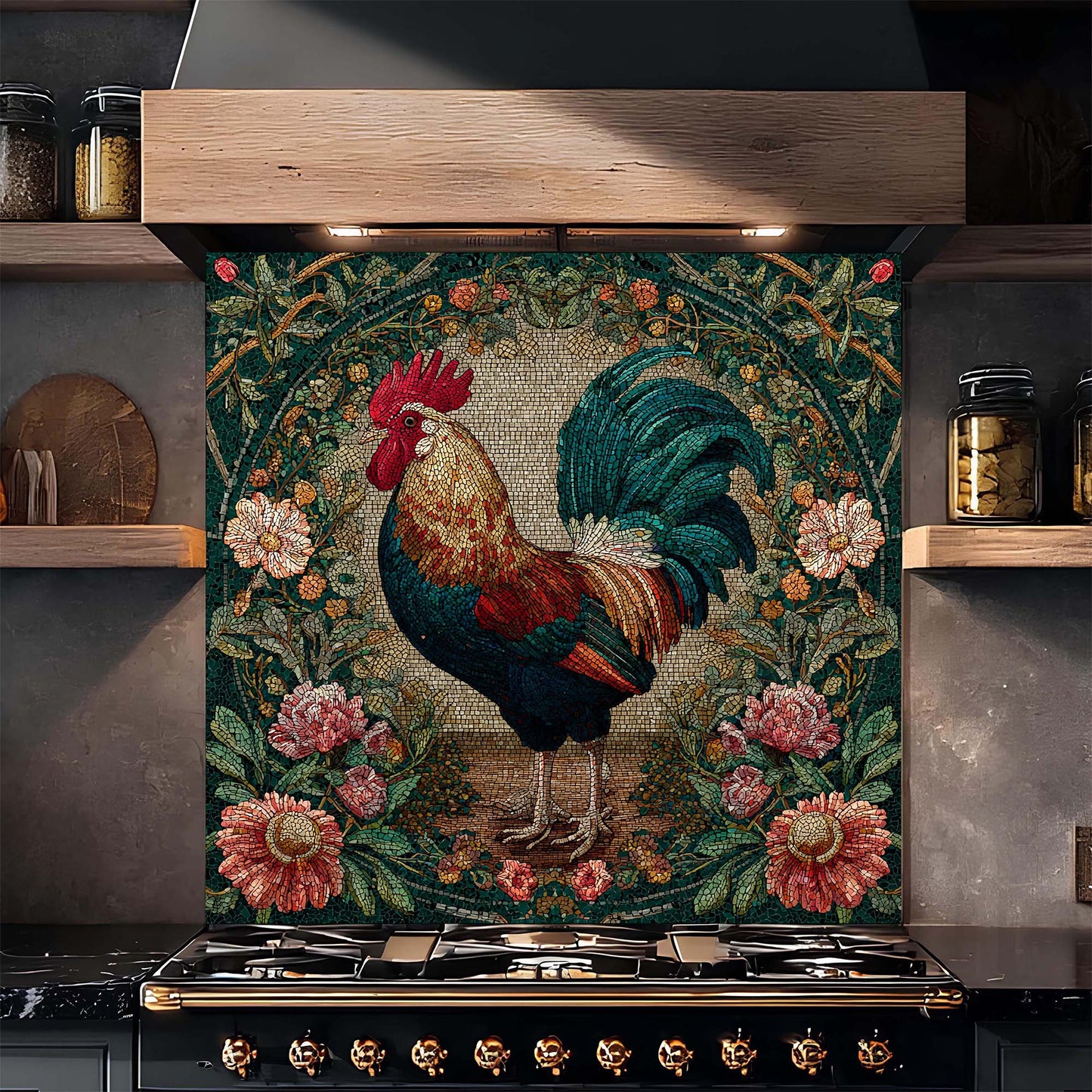 Decorative glass backsplash with a rooster design in a kitchen setting