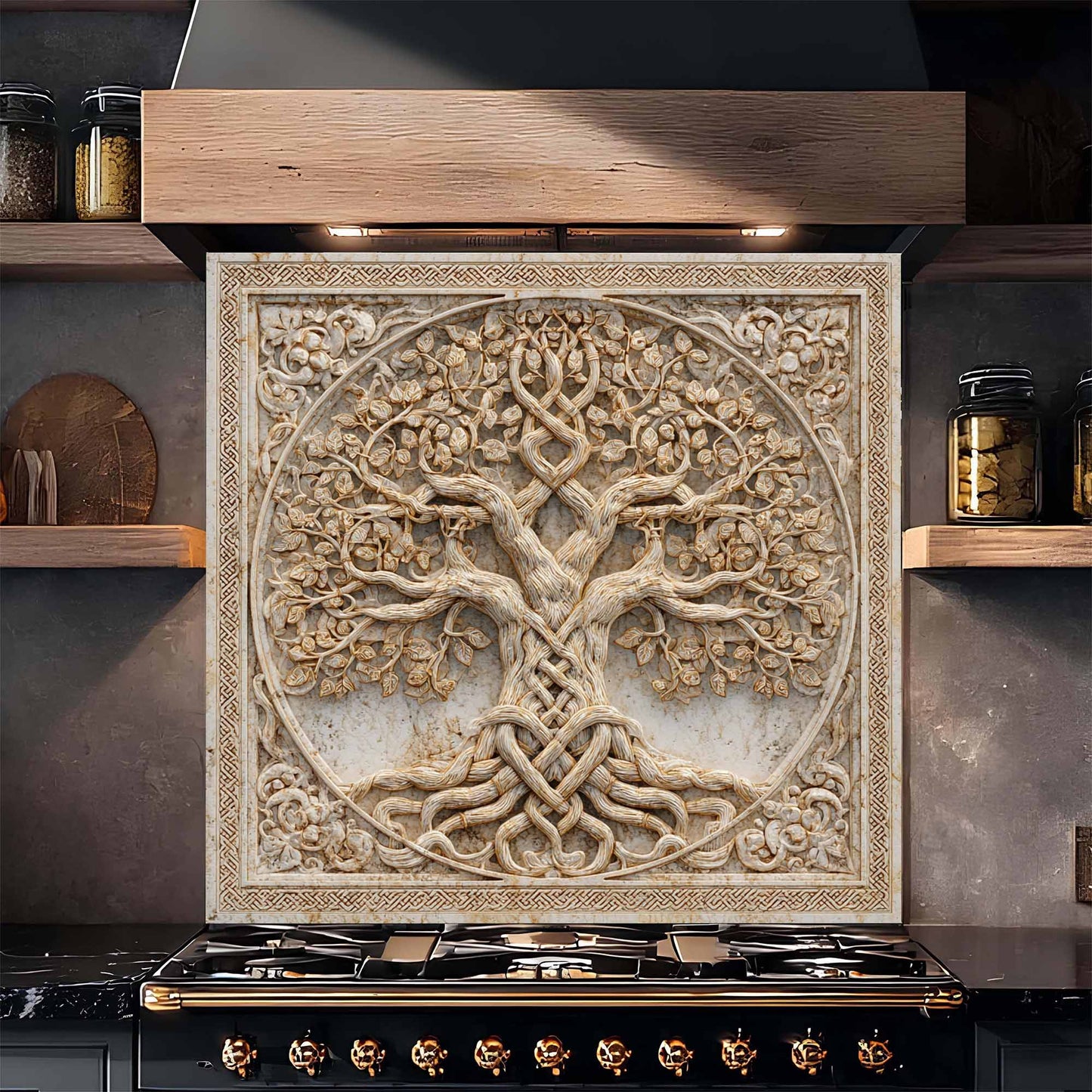 Decorative glass backsplash with tree design above a stove in a kitchen setting