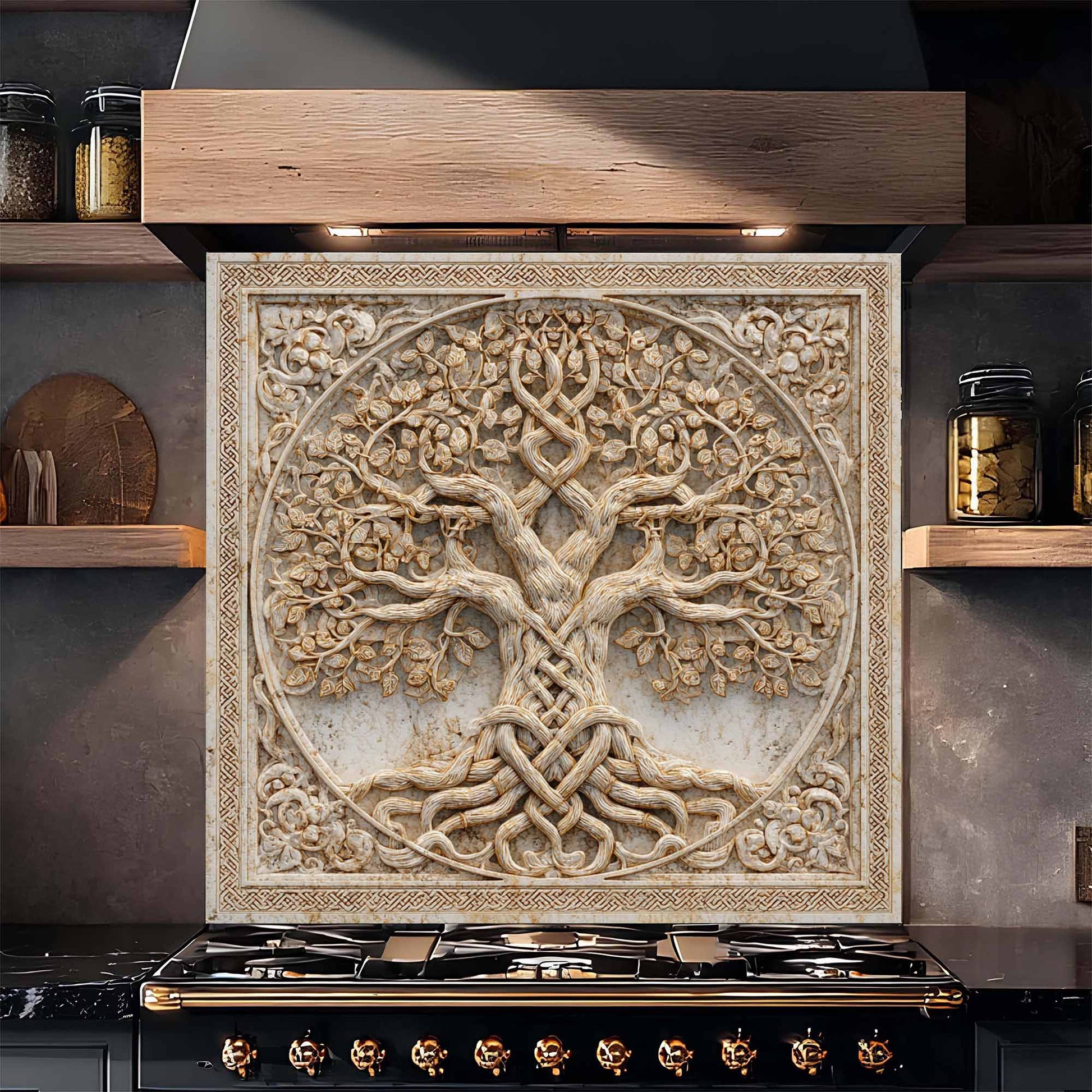 Decorative glass backsplash with tree design above a stove in a kitchen setting