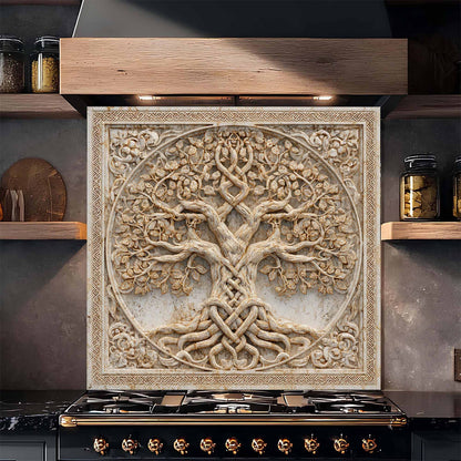 Decorative glass backsplash with tree design above a stove in a kitchen setting