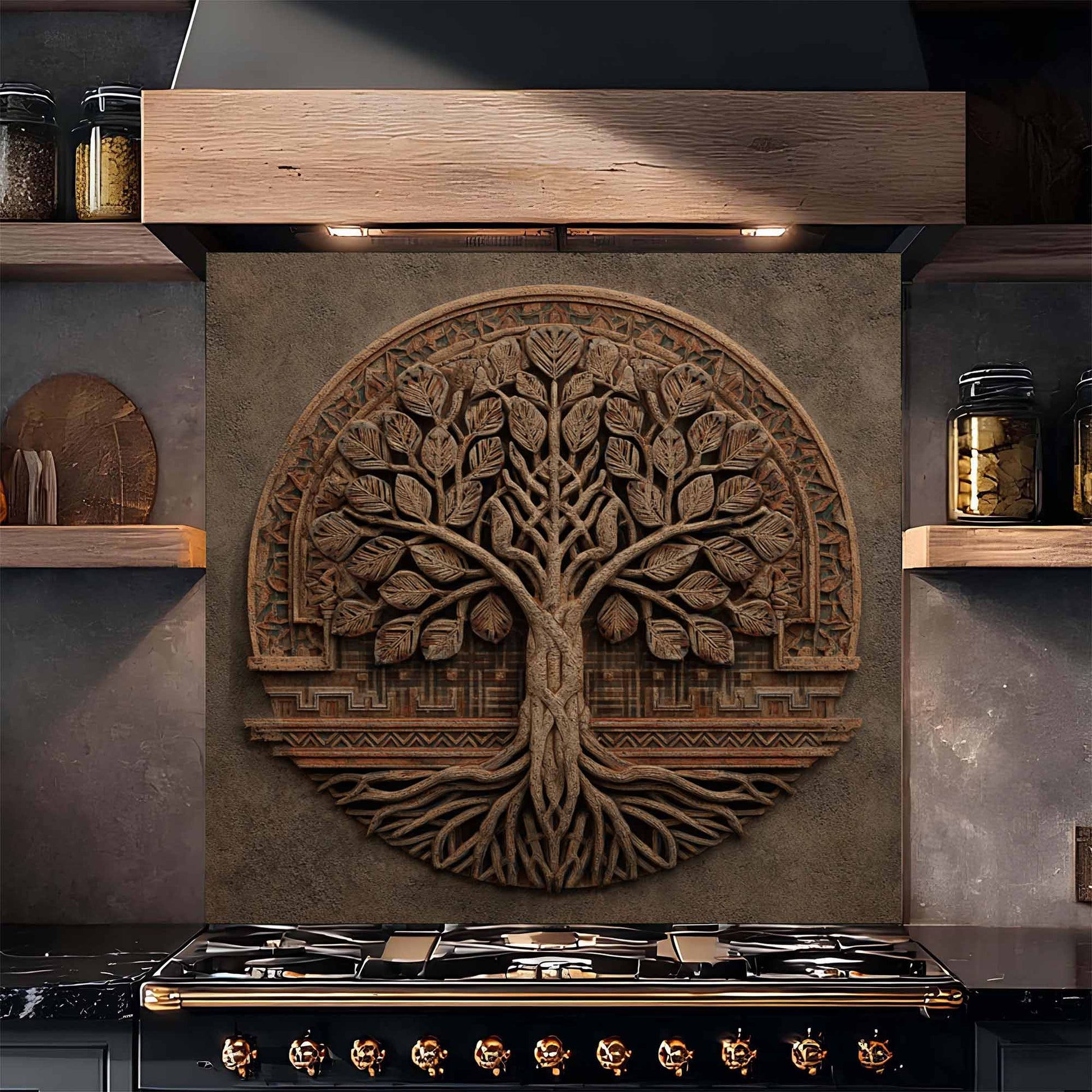 Decorative glass backsplash of a tree on a kitchen wall above a stove.