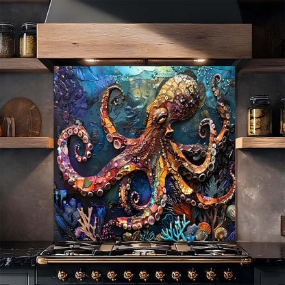 Decorative backsplash with a colorful octopus design above a stove.