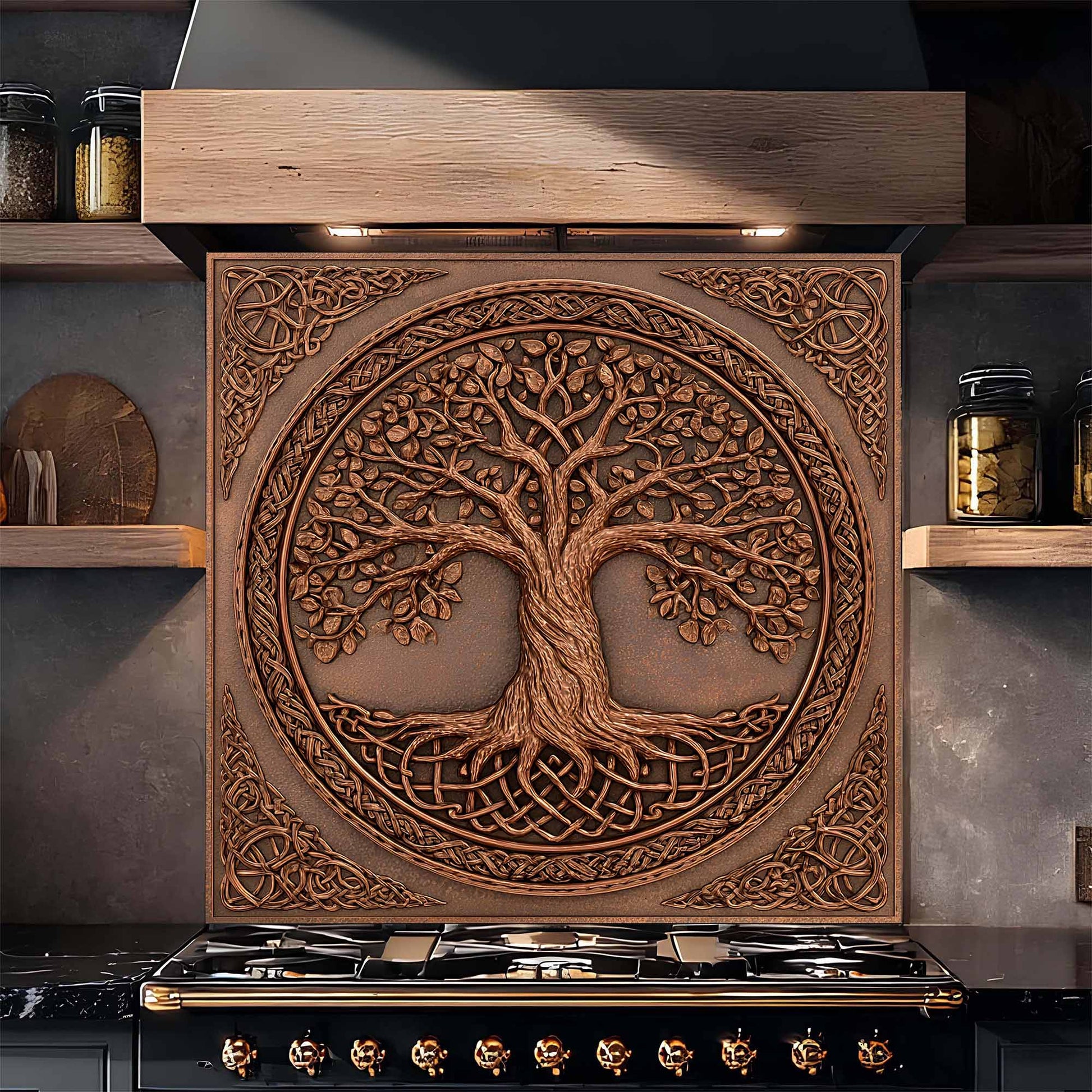 Tempered glass backsplash with tree of life design above a stove in a kitchen setting.
